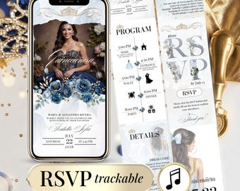 Invitación Quinceañera Azul con Foto Plantilla Digital Editable Fiesta de 15 Años Invitación Elegante Animada con RSVP Clickeable Blue