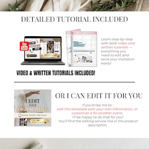 Detailed tutorial included for editing your sage green digital wedding invitation. Laptop and Canva screenshots showing video and written tutorials for step-by-step setup. Option to hire the seller to edit your template for you. Digital invite editing service available for weddings, birthdays and baby showers. Perfect for couples who want a done-for-you experience.