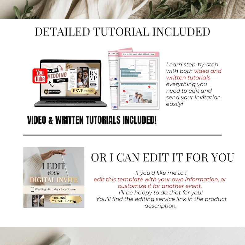 Detailed tutorial included for editing your sage green digital wedding invitation. Laptop and Canva screenshots showing video and written tutorials for step-by-step setup. Option to hire the seller to edit your template for you. Digital invite editing service available for weddings, birthdays and baby showers. Perfect for couples who want a done-for-you experience.