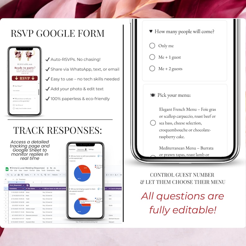 RSVP Google Form editable preview for burgundy wedding invitation showing response tracking and analytics dashboard