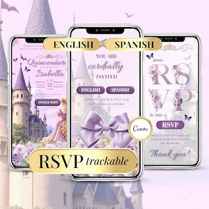 Quinceañera Invitation Sweet 15 Sweet 16 Rapunzel Tangled RSVP Online Purple Princes Digital Invite Editable Canva English Spanish Bilingual