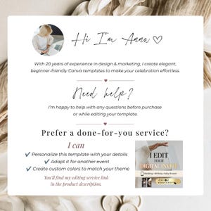 Meet the designer offering editable Canva Wedding Website templates, custom editing service, personalized invitations, color changes and premium customer support.