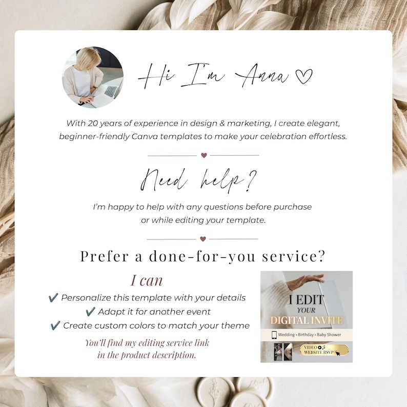 Meet the designer offering editable Canva Wedding Website templates, custom editing service, personalized invitations, color changes and premium customer support.