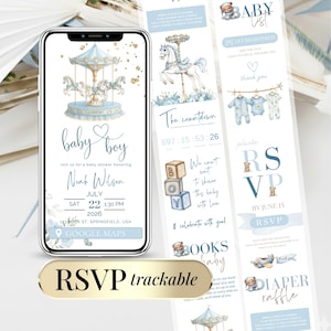Carousel Boy Baby Shower Invitation Digital RSVP Baby Invite Canva Baby Template Baby Shower Evite Coquette Baby Boy Shower Invitation
