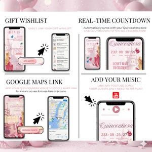 Sleeping Beauty Quinceañera website features: gift wishlist, real-time countdown, Google Maps link, and music add-on. Pink digital invitation editable in Canva for Sweet 16 or 15th birthday celebration. All-in-one event site for modern hosts with elegant princess design.