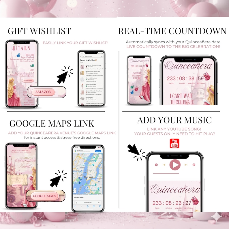 Sleeping Beauty Quinceañera website features: gift wishlist, real-time countdown, Google Maps link, and music add-on. Pink digital invitation editable in Canva for Sweet 16 or 15th birthday celebration. All-in-one event site for modern hosts with elegant princess design.