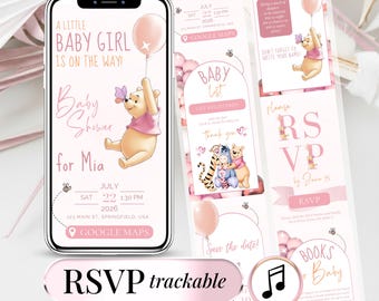 Winnie Puuh Babyparty-Einladung für Mädchen, digitale Einladungsvorlage, bearbeitbare RSVP-Option, Teddybär-Babyparty-Canva-Vorlage