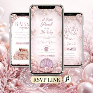 May include: Three smartphones displaying baby shower invitations. The central phone shows "A Little Pearl is on The Way" with event details. The design features pearls, seashells, and coral in soft pink hues. The RSVP link is visible.