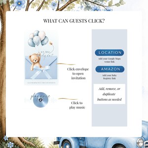 Clickable Teddy Bear Baby Shower invitation with interactive envelope, Google Maps location button, baby registry links, YouTube music player and editable Canva website invitation for a baby boy.