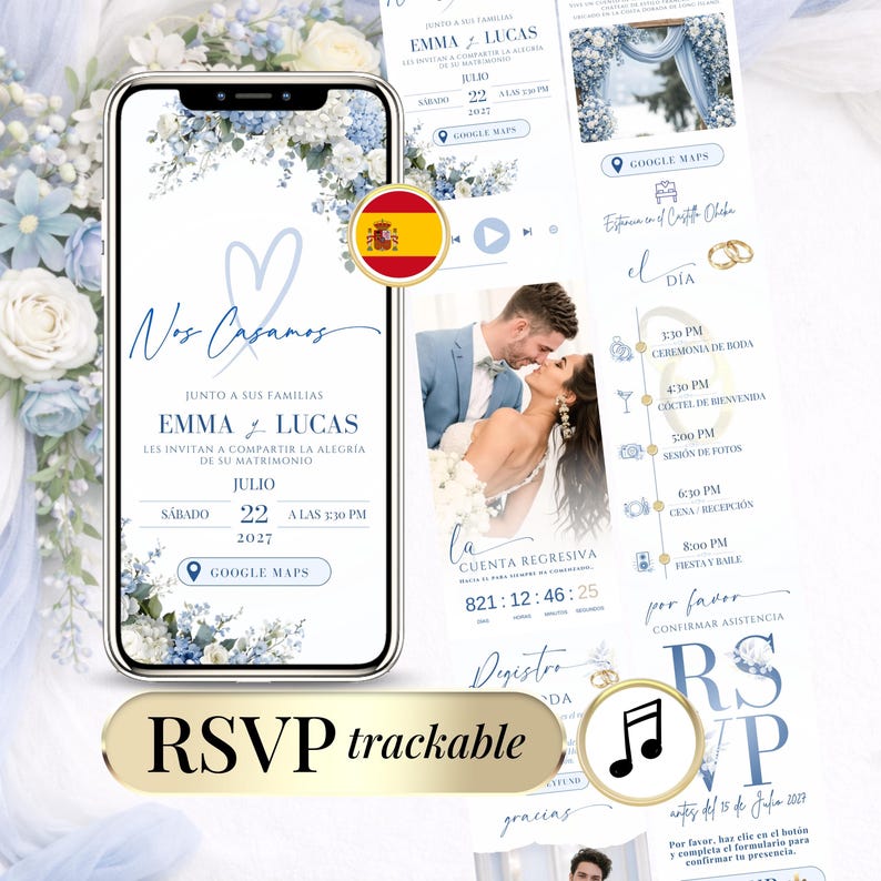 Spanish digital wedding invitation website with RSVP tracker, invitación de boda digital azul con flores azules, boda digital editable en Canva, RSVP online rastreable, web de boda elegante con cuenta regresiva y música