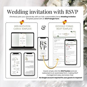 Plantilla de invitación de boda digital editable en Canva con formulario RSVP en Google Forms. Ideal para bodas modernas, incluye sitio web nupcial, programa del día, detalles del evento y formulario de confirmación sin necesidad de cuenta Google. Comparte tu invitación por WhatsApp o email y gestiona fácilmente tus invitados. Solución elegante y práctica para bodas en español.