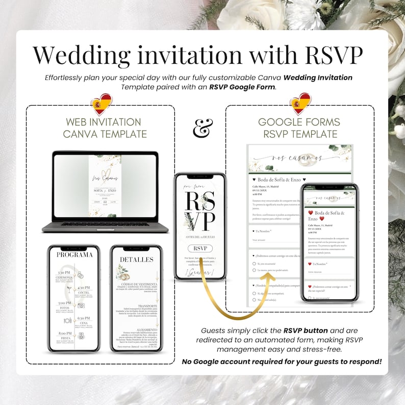 Plantilla de invitación de boda digital editable en Canva con formulario RSVP en Google Forms. Ideal para bodas modernas, incluye sitio web nupcial, programa del día, detalles del evento y formulario de confirmación sin necesidad de cuenta Google. Comparte tu invitación por WhatsApp o email y gestiona fácilmente tus invitados. Solución elegante y práctica para bodas en español.