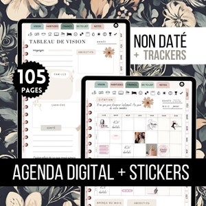 Planner francese non datato, Tracker, Planner digitale con collegamento ipertestuale per GoodNotes, Agenda del planner digitale francese non datato