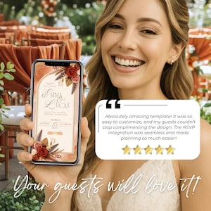 Burnt orange wedding invitation Canva template, interactive wedding RSVP website, terracotta digital wedding invitation, fall autumn wedding invite, editable wedding website, modern electronic invitation your guests will love