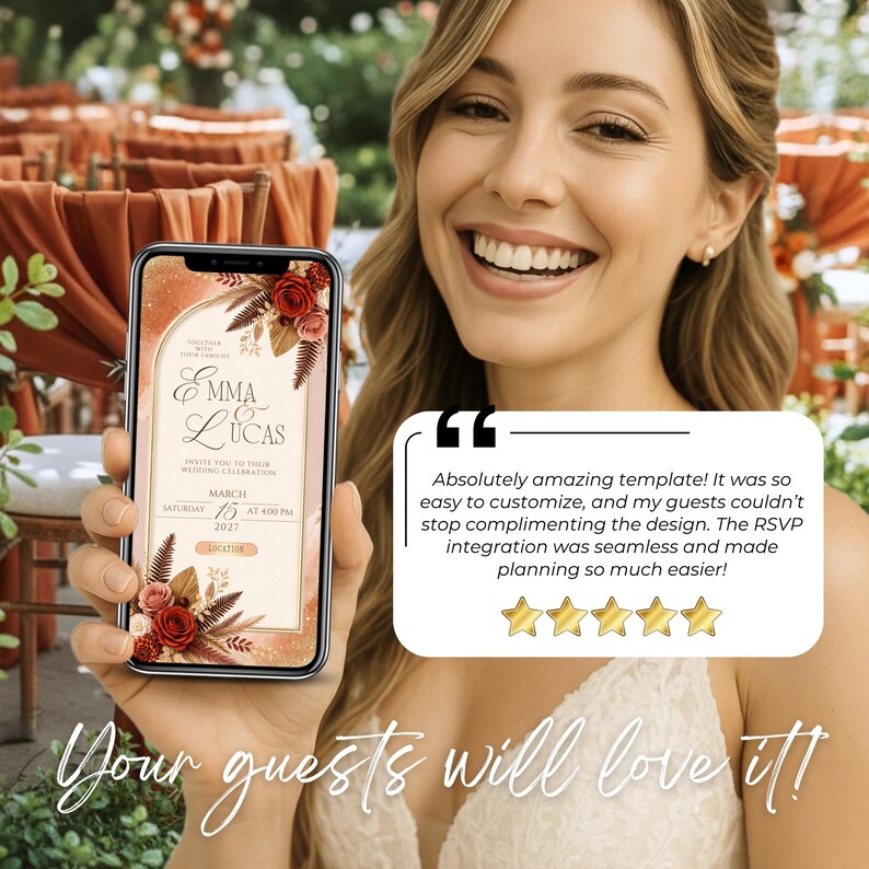Burnt orange wedding invitation Canva template, interactive wedding RSVP website, terracotta digital wedding invitation, fall autumn wedding invite, editable wedding website, modern electronic invitation your guests will love