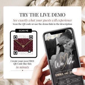 QR code scan demo for burgundy gold wedding website invitation template, with phone mockup showing We Do wedding invite design for couples to preview live guest experience