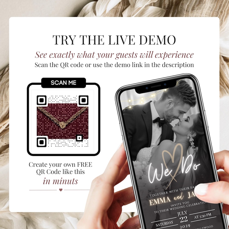 QR code scan demo for burgundy gold wedding website invitation template, with phone mockup showing We Do wedding invite design for couples to preview live guest experience