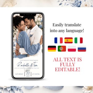 Translate this editable Dusty Blue Wedding Invitation into any language. Fully customizable Canva wedding invitation with editable text, animated envelope opening and elegant blue silver wedding theme.