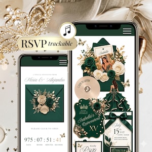 May include: Two smartphones displaying digital invitations for a Quinceañera. The screens feature dark green envelopes, gold floral accents, a photo of a person in a green gown, a gold music disc, and text including Isabella, July 15 2027, and RSVP.