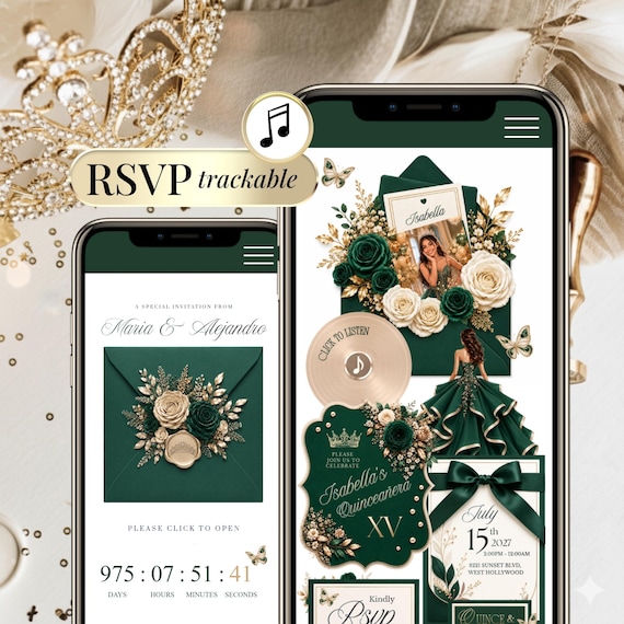 Emerald Green Quinceañera Invite with RSVP Link, Gold Sweet 16 Digital Invitation, Editable Canva Website, Trackable RSVP, Music Countdown