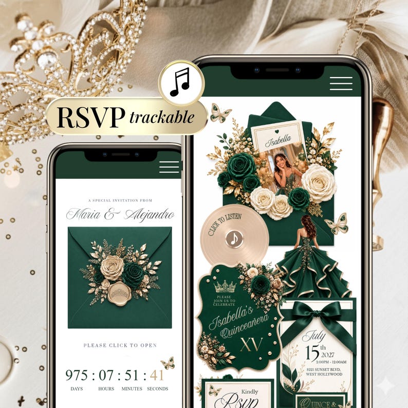Emerald Green Quinceañera Invitation with RSVP Link, editable Canva Website, online RSVP tracking, music player, countdown timer, and champagne gold princess design. Luxury Sweet 16 digital invitation website for XV Años and Mis Quince Años celebrations.