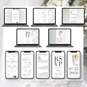 Plantilla editable de invitación de boda digital en español para Canva, incluye portada, programa del día, detalles del evento, RSVP online y fecha de la boda. Diseño moderno compatible con ordenador y móvil. Ideal para bodas mexicanas, bodas bilingües o destination weddings. Compartible por WhatsApp, email o redes sociales. Invitación web elegante, con formulario de confirmación rastreable.