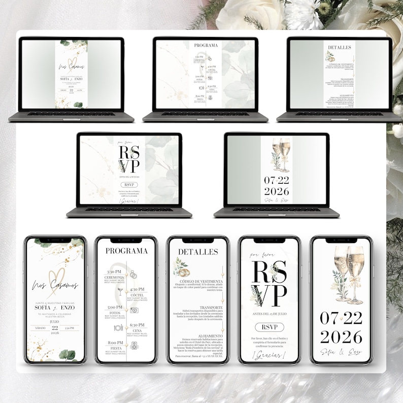 Plantilla editable de invitación de boda digital en español para Canva, incluye portada, programa del día, detalles del evento, RSVP online y fecha de la boda. Diseño moderno compatible con ordenador y móvil. Ideal para bodas mexicanas, bodas bilingües o destination weddings. Compartible por WhatsApp, email o redes sociales. Invitación web elegante, con formulario de confirmación rastreable.