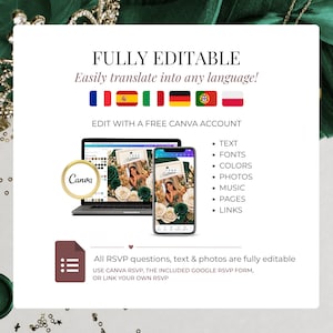 Fully editable Emerald Green Quinceañera Invitation Website in Canva. Customize text, colors, photos, music, RSVP form, pages, fonts, and links. Multilingual digital invitation template for Sweet 16, XV Años, and Princess celebrations.
