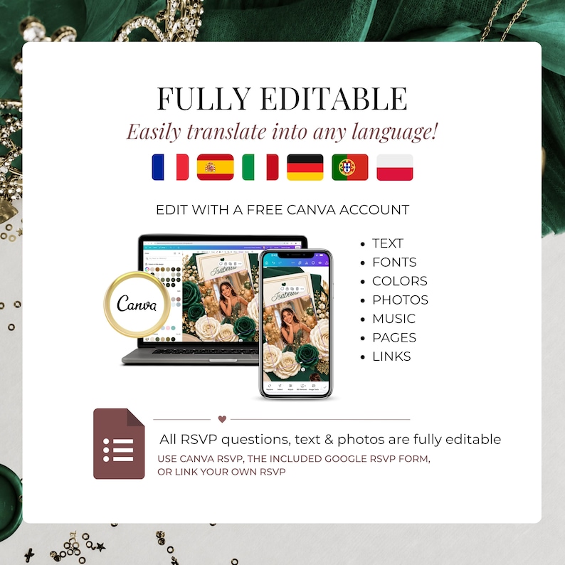 Fully editable Emerald Green Quinceañera Invitation Website in Canva. Customize text, colors, photos, music, RSVP form, pages, fonts, and links. Multilingual digital invitation template for Sweet 16, XV Años, and Princess celebrations.