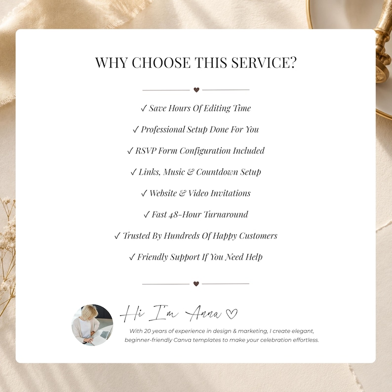 Professional invitation editing service by Anna. RSVP form setup, countdown timer configuration, website and video invitation customization, fast 48-hour delivery and personalized support.