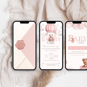 Baby shower video invitation for girl with pink teddy bear and hot air balloon design, shown on three phones with envelope cover, event details, and baby registry, editable Canva template with soft coquette aesthetic, perfect for digital sharing
