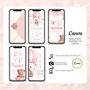 Editable baby shower video invitation for girl in Canva, 5 pink mobile pages with teddy bear, RSVP, save the date, and baby registry, coquette hot air balloon theme, add your own song, photo, or video, easy to customize and share digitally