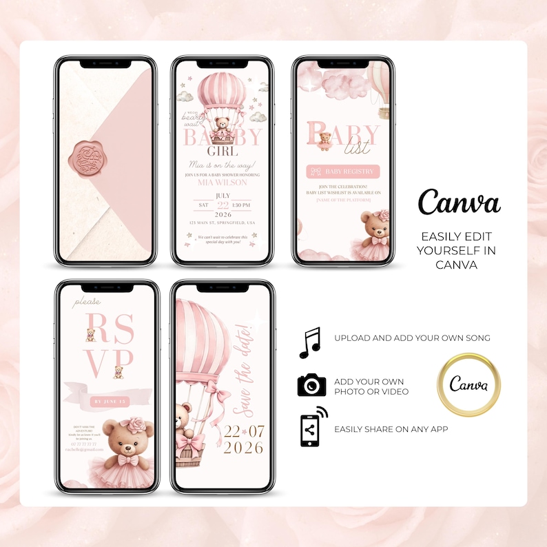 Editable baby shower video invitation for girl in Canva, 5 pink mobile pages with teddy bear, RSVP, save the date, and baby registry, coquette hot air balloon theme, add your own song, photo, or video, easy to customize and share digitally