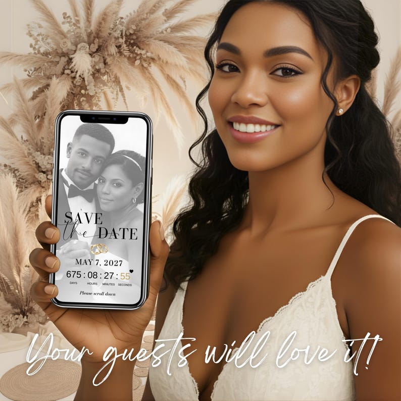 Happy bride presenting elegant digital Save the Date wedding invitation with RSVP link on smartphone, modern and stylish animated invite.