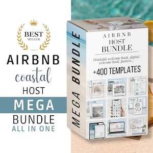May include: A box with a blue and white beach scene on the front. The box is labeled "Airbnb Host Bundle Mega Bundle All in One" and "+400 Templates". The box contains printable welcome book, digital welcome book, and posters for Airbnb hosts.