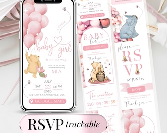 Winnie The Pooh Baby Shower Girl Invite Winnie Baby Shower Digital Invitation Template Editable RSVP Baby Shower Teddy Bear Canva Winnie