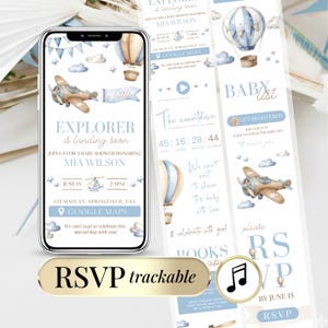 Puede incluir: Un teléfono inteligente muestra una invitación digital para un baby shower con temática de viajes, con ilustraciones en acuarela de un avión color canela, globos aerostáticos azules, nubes y estrellas. El texto dice Explorer is landing soon, Mia Wilson, June 15, 2-5pm, 123 Main St, Springfield, USA y Google Maps.