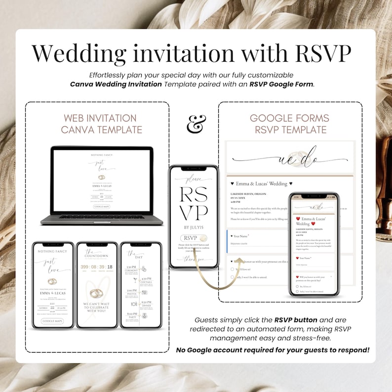 Editable Canva digital wedding invitation with RSVP, countdown timer, and Google Forms integration. Includes minimalist "Nothing Fancy Just Love" design, online wedding website template, RSVP tracking, and mobile-friendly layout. Showcase of RSVP form on smartphone and desktop. Perfect for paperless weddings, virtual celebrations, and stress-free RSVP collection. No Google account required for guests.