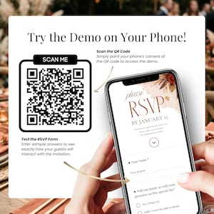 Burnt orange wedding invitation QR code demo, interactive wedding RSVP website Canva template, terracotta wedding invitation, digital wedding invitation with RSVP, fall wedding invite, wedding website template, electronic invitation
