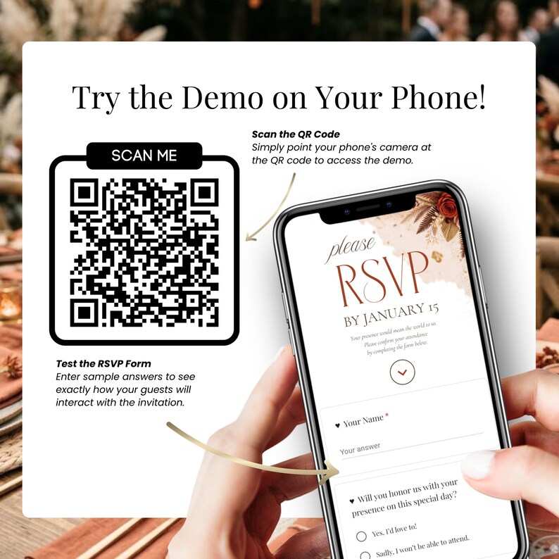 Burnt orange wedding invitation QR code demo, interactive wedding RSVP website Canva template, terracotta wedding invitation, digital wedding invitation with RSVP, fall wedding invite, wedding website template, electronic invitation