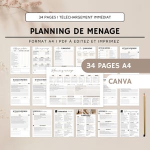 Frans huishoudschema, 34 A4-pagina's, Franse huishoudlijst, schoonmaakchecklist, Canva-sjabloon schoonmaakchecklist Airbnb