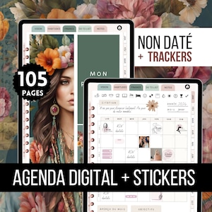 May include: Digital planner with 105 pages, featuring a woman with floral headwear. The planner includes sections for vision, habits, finance, to-do lists, and notes. Text reads "NON DATÉ + TRACKERS" and "AGENDA DIGITAL + STICKERS".