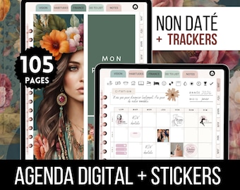 Può includere: Agenda digitale con 105 pagine, con una donna con copricapo floreale. Include sezioni per visione, abitudini, finanze, liste di cose da fare e note. Testo: "NON DATÉ + TRACKERS" e "AGENDA DIGITAL + STICKERS".