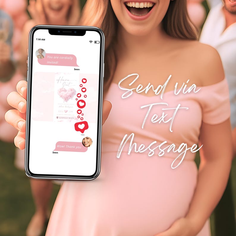Pregnant woman holding phone with baby shower digital invitation, pink heaven sent baby girl invitation with online RSVP, modern Canva design