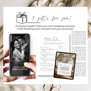 Wedding Website purchase includes animated thank you card, printable wedding checklist, editable Canva templates and over 100 wedding icons as bonus digital downloads.