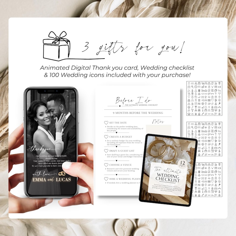 Wedding Website purchase includes animated thank you card, printable wedding checklist, editable Canva templates and over 100 wedding icons as bonus digital downloads.