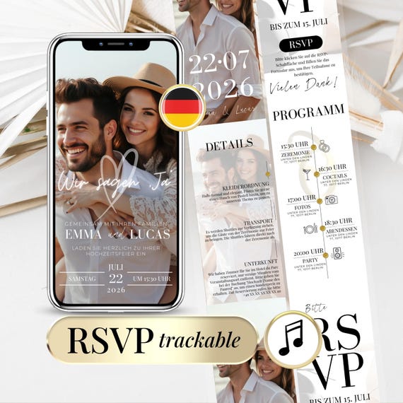 Hochzeitseinladung Wedding Invitation Deutsch – Invitation de Mariage Digitale avec RSVP Tracking – Canva Template