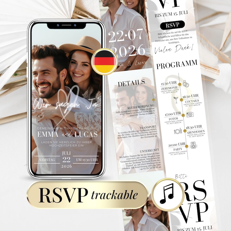 Elegante digitale Hochzeitseinladungsvorlage mit anpassbarem Design. In Canva editierbar, mit klickbarem RSVP-Link und Google-Formular für Gästelisten-Tracking. Perfekt für moderne Hochzeiten mit einfacher Organisation.