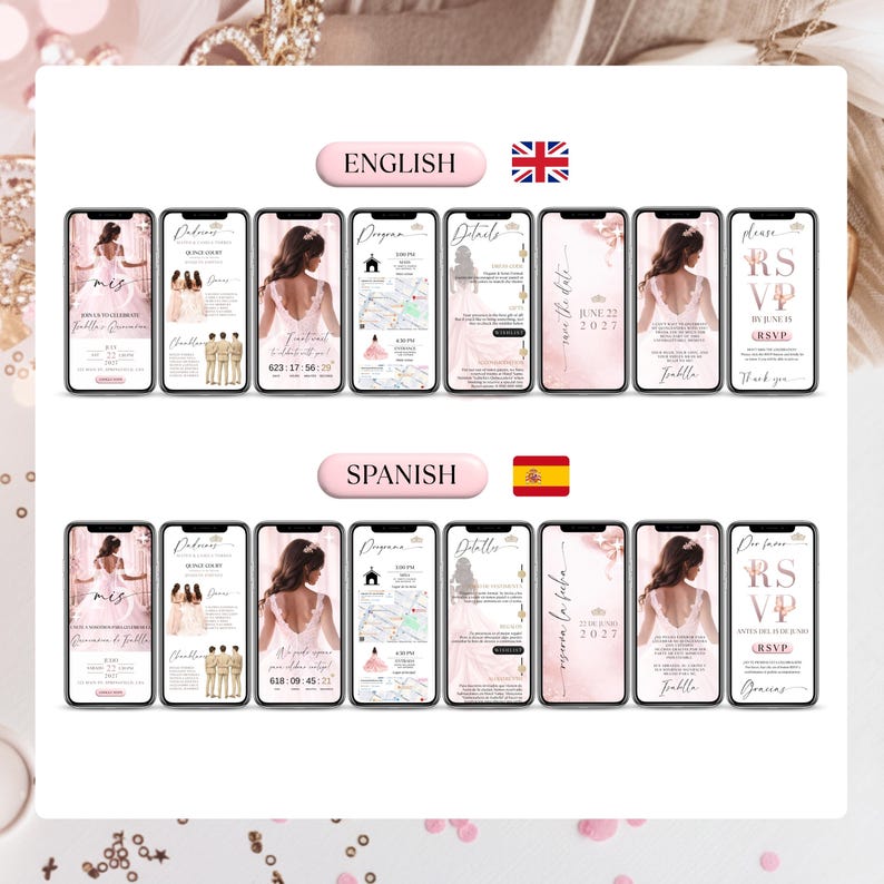 Digital pink and gold Quinceañera invitation template with one-click RSVP, bilingual Spanish-English experience, countdown timer, and seamless mobile-friendly design for modern celebrations.