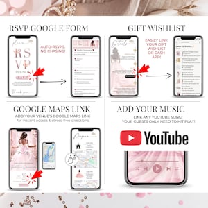 以下が含まれることがあります： 結婚式の計画アプリの機能が示された4つのスマートフォンを示すグラフィック。機能には、RSVP、ギフトウィッシュリスト、Googleマップリンク、YouTube経由の音楽統合が含まれます。デザインはピンクと白で、装飾的な要素があります。